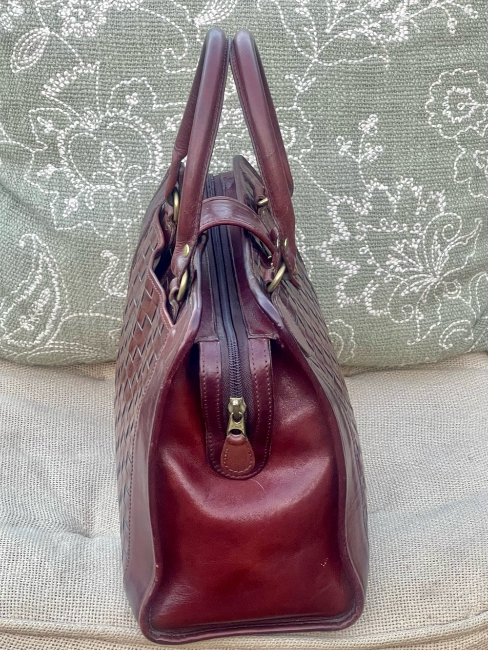 RARE Vintage Brahmin Woven Leather Satchel Handbag - Oxblood Burgundy - Picture 5 of 8